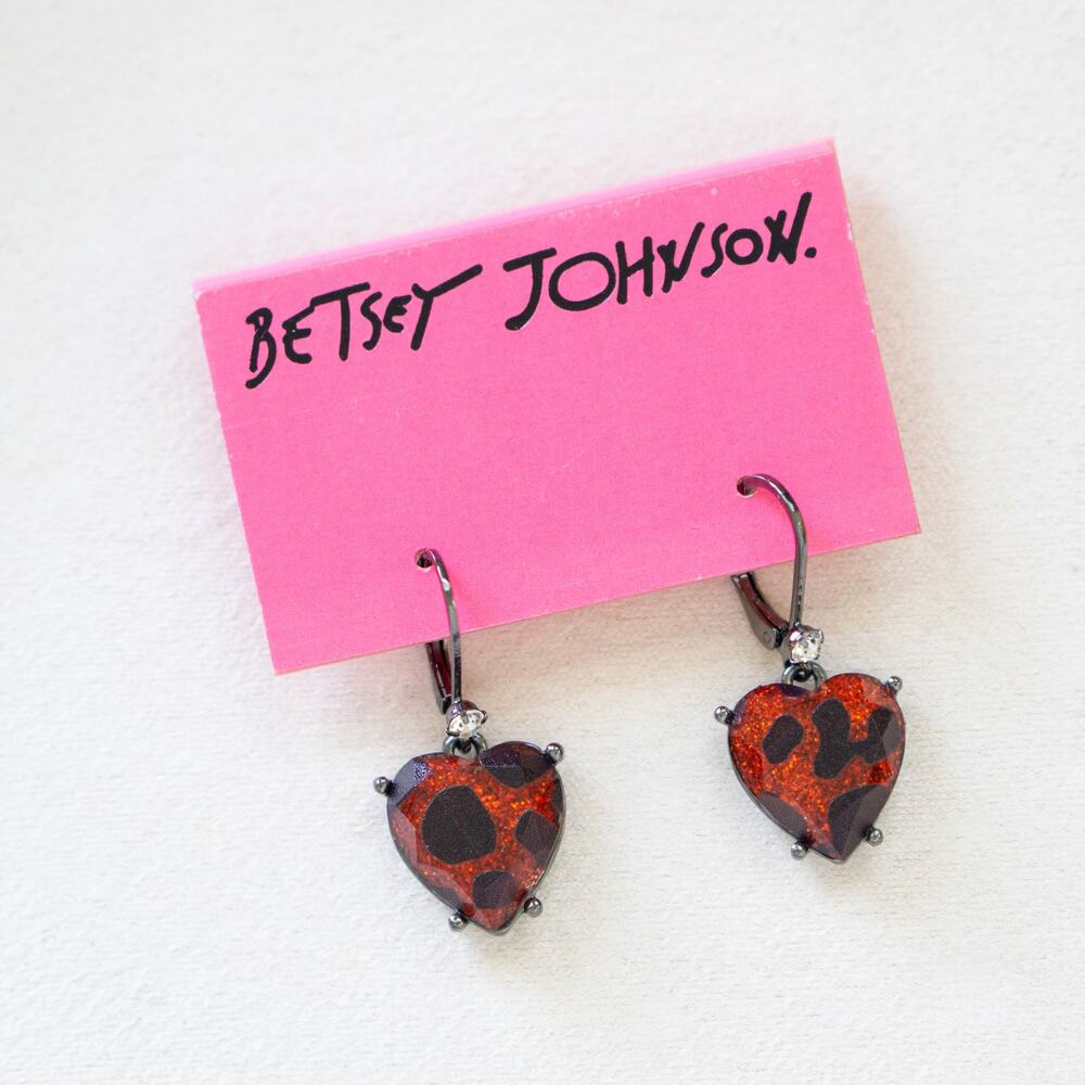 Betsey Johnson Glampire Red Glitter Lucite Leopard Heart Animal Print Earrings